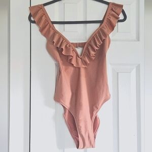 Express Dusty Rose Ruffle One-Piece Swimsuit – XS Express Dusty Rose Ruffle